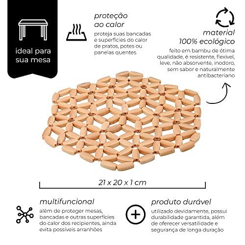 Mimo Style Descanso de Panela de Bambu Formato Hexagonal, Sustentável e Resistente ao Calor para Pra