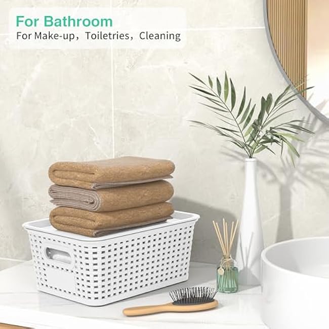 8-Pack White Plastic Storage Baskets with Lids, Label Organizers, Stackable Organizer Containers: For Organizing Shelves, Drawers, Desk Closets, Playrooms, Classrooms, Offices