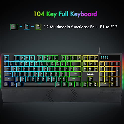 E-Yooso Mechanical Keyboard, K-662 Wired Mechanical Gaming Keyboard With Blue Switches, 104 Keys Full Size, Wrist Rest, Rainbow Backlit, Rgb Sidelight, Ergonomic Black Clicky Keyboard For Windows, Pc #TOP1