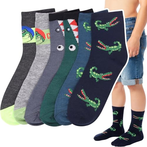 ToBeInStyle Boys' 6 Pack of Everyday Ankle Length Warm Print Crew Socks - Crocodile - 6-8 Years