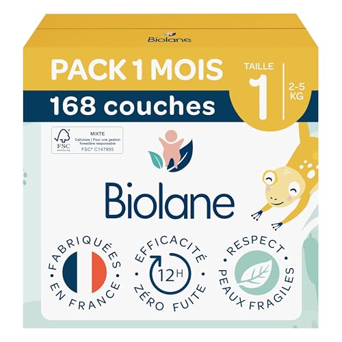 BIOLANE - Couche Taille 1 - (2-5 kg) - Peaux Sensibles - Ultra-Absorbant, Pas de Fuite, 12h au Sec - Pack 1 mois 168 couches - Ecoresponsables - Fabriqué en France