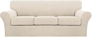 Turquoize 4-Piece Jacquard Sofa Slipcovers for 3-Cushion Couch - Washable Pet & Kid Protector, Biscotti Beige Stretch Covers