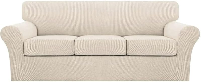 4 Piece Couch Cover Sofa Covers for 3 Cushion Couch Sofa Slipcovers Washable Sofa Cover for Dogs with Individual Couch Cushion Covers Feature Jacquard Fabric(3 Cushion Sofa, Biscotti Beige)