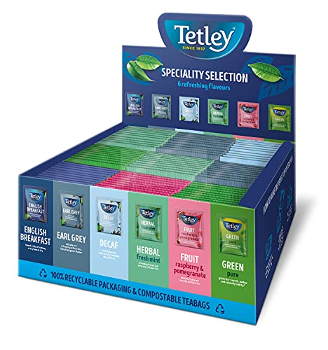 Tetley Specialty Variety Pack - 90 Enveloped Teabags in Six Unique Blends: English Breakfast, Earl Grey, Fresh Mint, Decaf, Green Tea & Raspberry Pomegranate - Great Gift Assortment