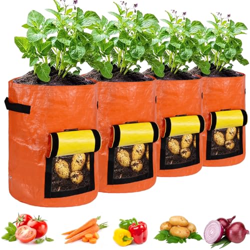 JJGoo 10 Gal Potato Grow Bags (4 Pack) with Handles & Flap