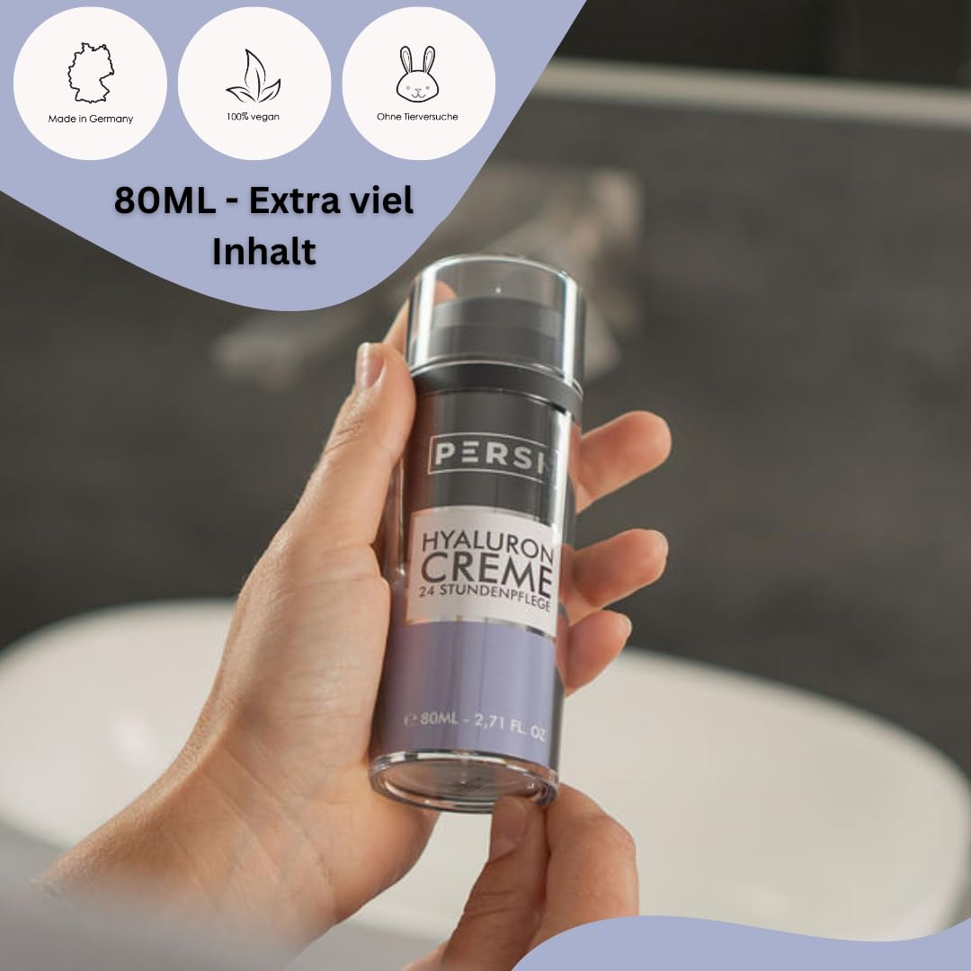 PERSH Hyaluron Creme 80ml - Feuchtigkeitsspendende Anti-Aging Creme | Hyaluronsäure für frische, glatte Haut | Pflege für Gesicht, Augen, Hals & Dekolleté | Vegan