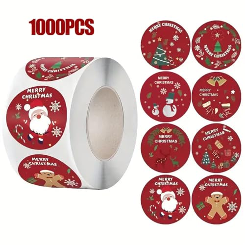 LSGZJZY Merry Christmas Stickers Red Round Holiday Stickers with Santa Snowman Gingerbread Man Christmas Tree Designs 1 Inch 1000 Pieces
