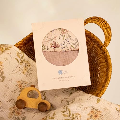 Image of lulumoon Baby Bassinet Sheets Muslin: Soft Fitted Bassinet Sheets Floral for Girls - Fit for Oval Rectangle or Hourglass Mattress