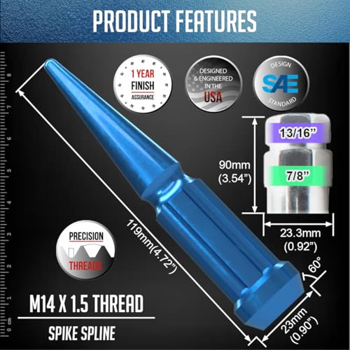 Image of Wheel Accessories Parts 32 Pcs + 1 Key M14x1.50 14x1.50 Thread Spike Spline 4.40 inch Long Lug Nuts Blue Truck Spline Hex Fits Ford F250 /350 Super Duty Silverado Sierra 2500 3500 Ram 2500 3500