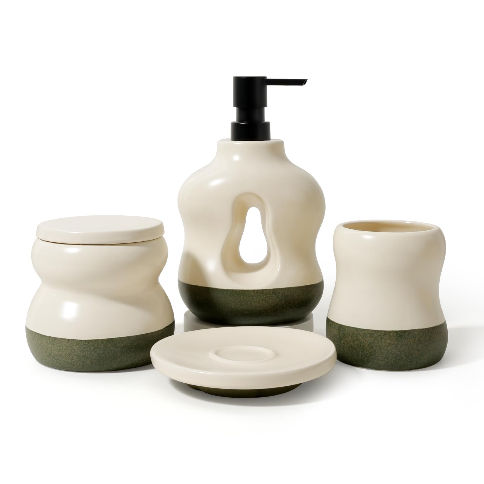 BosilunLife Bathroom Accessories Set of 4 - Beige&Green Bathroom Countetop Soap Set Lotion Soap Dispenser Sets Toothbrush Holder and Soap Dish, Apothecary Jar