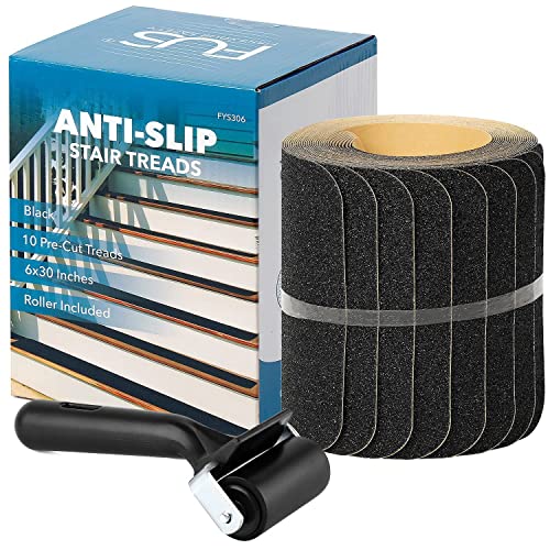 Anti-Slip Stair Treads - 80-Grit Black Non-Skid Tape for Indoor & Outdoor Steps, Staircases - 10 Pre-Cut PET Traction Strips with Roller for Easy Installation (6x30, Black)