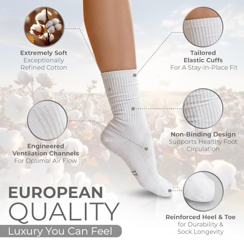 Image of Luxe European Women's Crew Socks, Silky Soft Premium Cotton, Thin & Breathable, Non-Binding, Pack of 3