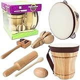Improved Handmade Wooden Musical Instrument Set,Kids Percussion Bongo Drum,Tambourine 8 inch,Castanets,Egg Shaker,Tone Block and Guiro,Jingles Tap,Music Toys Excellent Gift for Toddler Teaching Rhythm