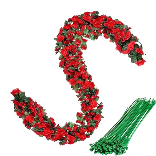 ZenyTra Lot de 3 guirlandes de roses rouges artificielles de 2,4 m - 135 fleurs avec 20 serre-câbles - Décoration de mariage résistante aux intempéries pour jardin,...