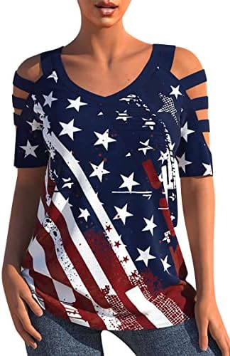FAYALEQ USA Flag Shirt Women Off The Shoulder Top American Flag Tee 4th of July Patriotic Tees Distressed Star Stripes Shirts