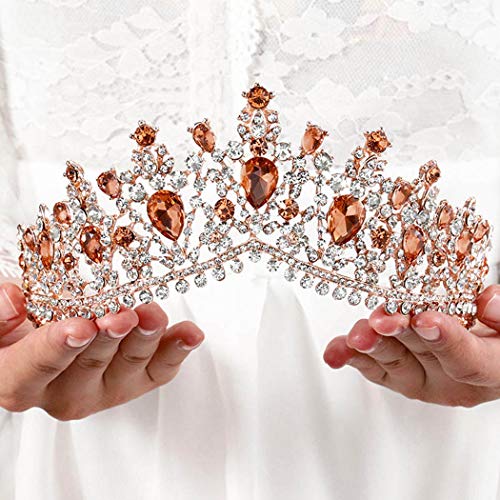 Fairyu Baroque Queen Crown and Tiaras Crystal Bride Wedding Crown Bridal Princess Hair Accessories for Women and Girls (Rose Gold)