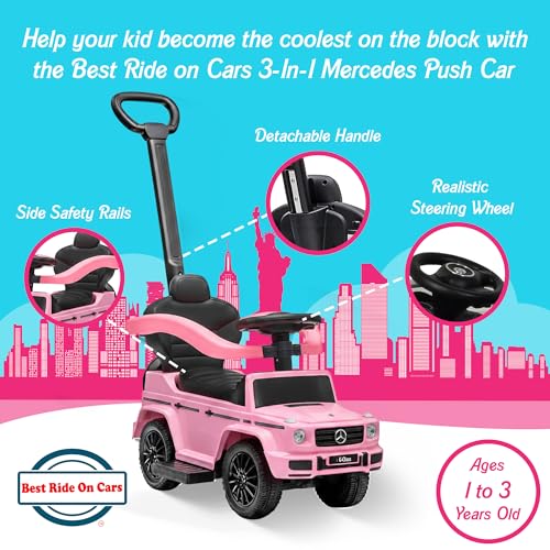 Image of Best Ride On Cars 3 in 1 Mercedes G-Wagon Push Car for Toddlers 1 to 3 Years Old, Kids Outdoor Stroller with Music, Horn Sounds, Realistic Driving Experience, Pink