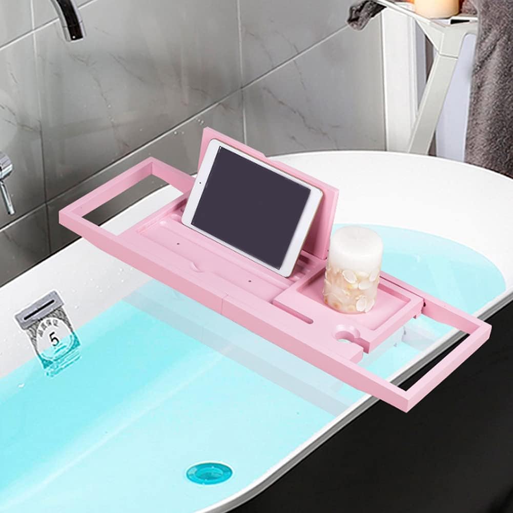 Rozszerzalna bambusowa taca wannowa wysuwany pojemnik na telefon i książki do wina stylowe akcesoria kąpielowe (90 cm różowy) - idealny do relaksu i spa.