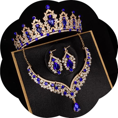 FIRCRE Crystal Bridal Jewelry Set Crowns and tiaras for women crown and jewelry sets for Party Halloween Prom Pageant Jewelry for Women (Gold Blue)