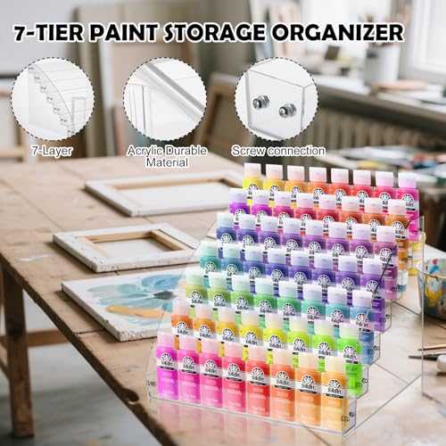 Image of 7 Tiers Clear Acrylic Paint Organizer with Brush Holder,paint Organizers Set Miniature Paints Holders, 7 Layers Paints Storage Rack, Craft Paint Rack