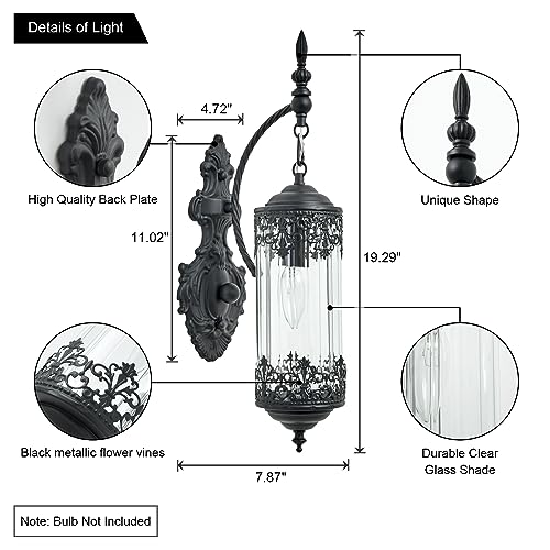 Image of Vintage Wall Sconce with Glass Shade, Rustic Black Farmhouse Wall Light Fixture, Antique Gothic Decorative Metal Wall Lamp for Hallway, Bedroom, Living Room, Entryway, Mirror