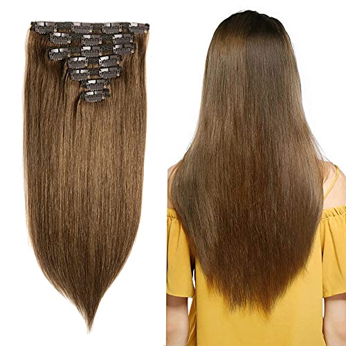 18  Clip in Human Hair Extensions Full Head 150g 7 Pieces 16 Clips 8# Light Brown Double Weft Brazilian Real Remy Hair Extensions Thick Straight Silky (18  150g, Light Brown)