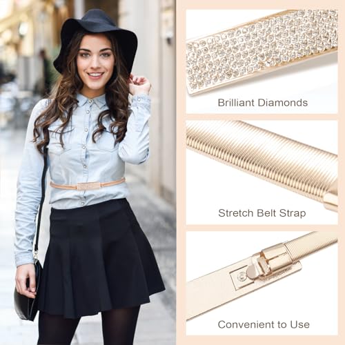 2 PCS Gold Silver Waist Belts for Dress - Thin Skinny Stretch Waist Belt for Women Lady3