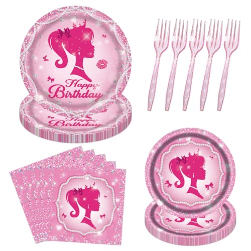 96PCS Pink Girl Plates and Napkins Tableware Set Pink Girl Party Supplies Pink Girl Birthday Party Decorations Pink Princess Theme Party Dinnerware Set Pink Girl Paper Plates Napkins Forks Serve 24