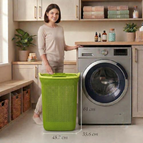 Image of Plastic Laundry Basket with Lid | 60L Extra Large Knit Hamper | Strong & Durable | Ideal for Bathroom, Bedroom & Kids Room | Multipurpose Cloth Storage Organiser | 36 x 46 x 61 cm | Olive Green