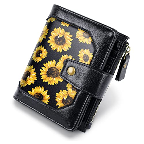 Image of Small Wallet for Women Leather Bifold RFID Blocking Zipper Pocket ID Window Womens Card Holder Case,Sunflower