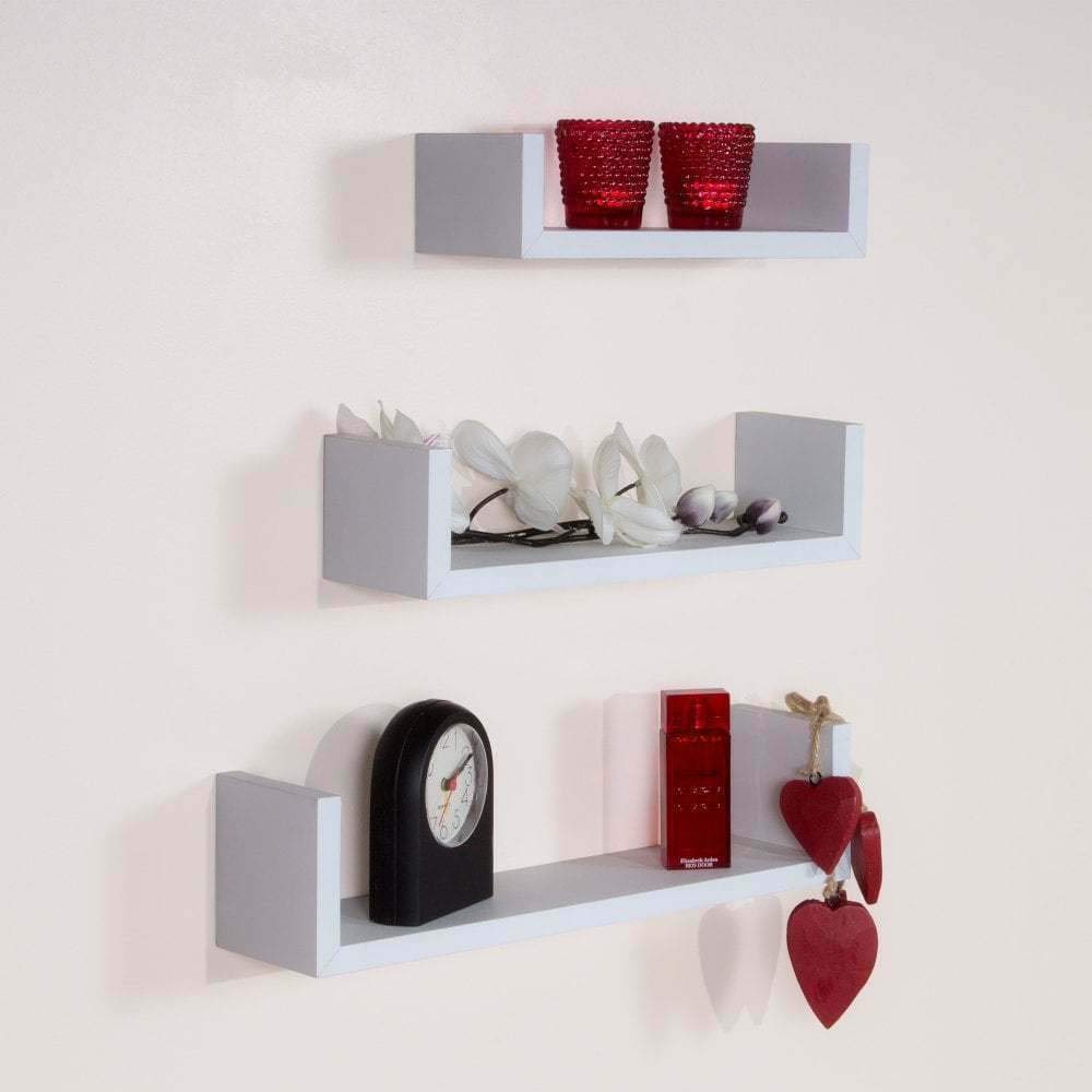 Set Of 3 Different Sizes U Shaped Wooden Floating Shelf DIY Display Unit Shelves (White)