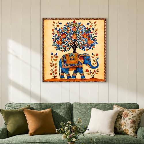 Image of Madhubani Elephant Stretched Canvas Painting for Living Room Wall Decor, Tree of Life Indian Traditional Vastu Stretched Canvas Wall Art for Vastu Place Bedroom Home Hallways Office Hotel, Size 22x22 Inch