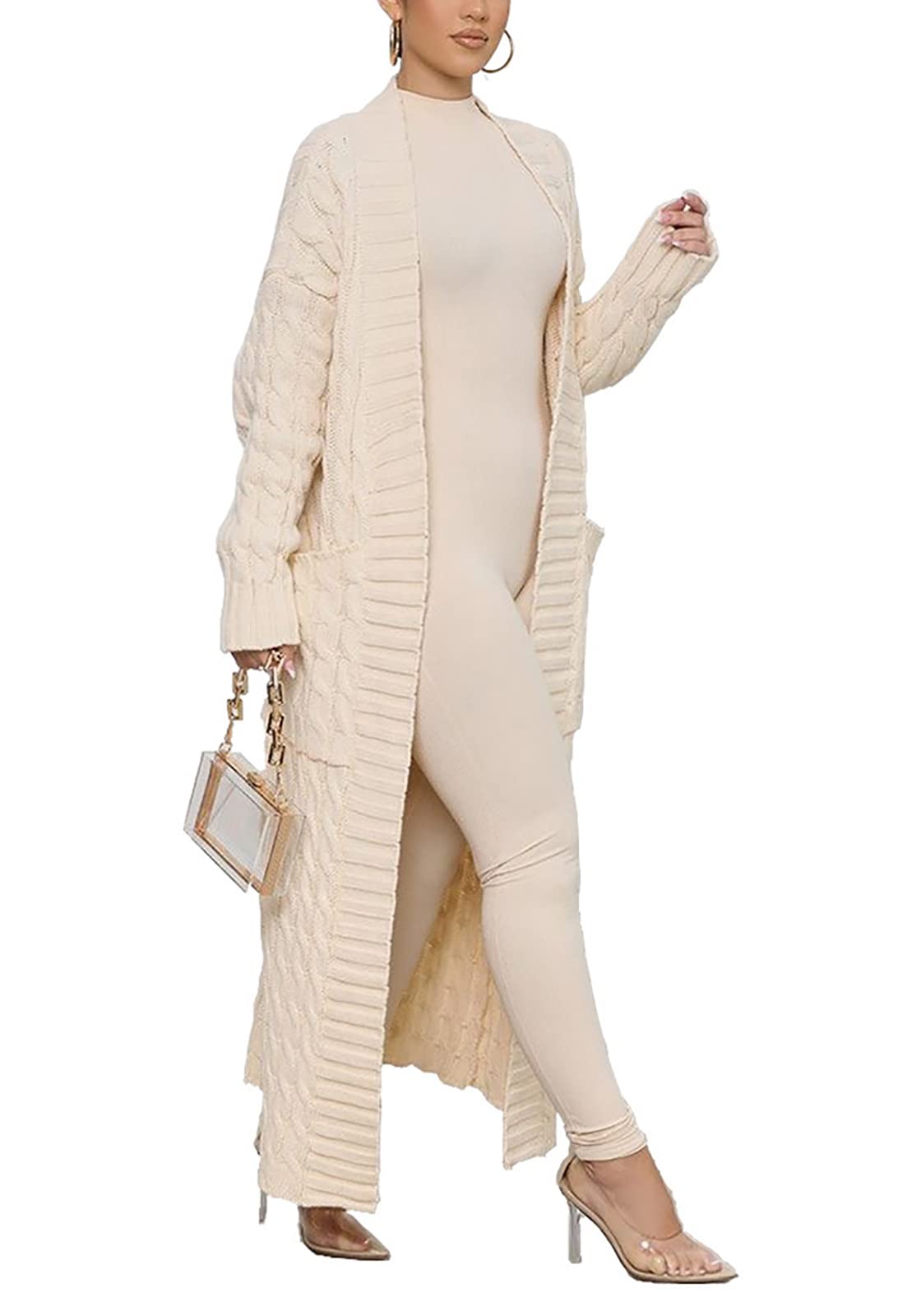 Tcremisa Long Cable Knit Cardigans for Women Chunky Open Front Maxi Sweater Coat Loose Dual Pocket Winter Outwear