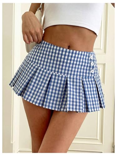 WDIRARA Women's Plaid Pleated A Line Mini Skirt Y2k Mid Rise Gingham Skirts3