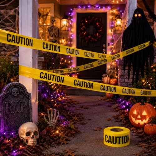 Image of ATERET Premium Yellow Caution Tape 2-Pack 3 inch x 1000 feet, Hazard Safety Tape, Construction Tape for Danger /Hazardous Area, Ideal Use for Halloween Decorations, Party, Work-Site