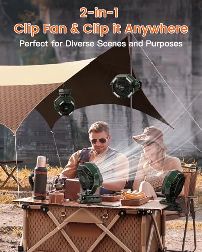 Image of coldSky Camping Fan with Dual Motor, 20000mAh Clip On with Digital Display, 9-Inch Portable Battery Operated with LED Lantern, Tent Fan for Camping with Remote, 5 Speeds, 4 Timing, Outdoor Green