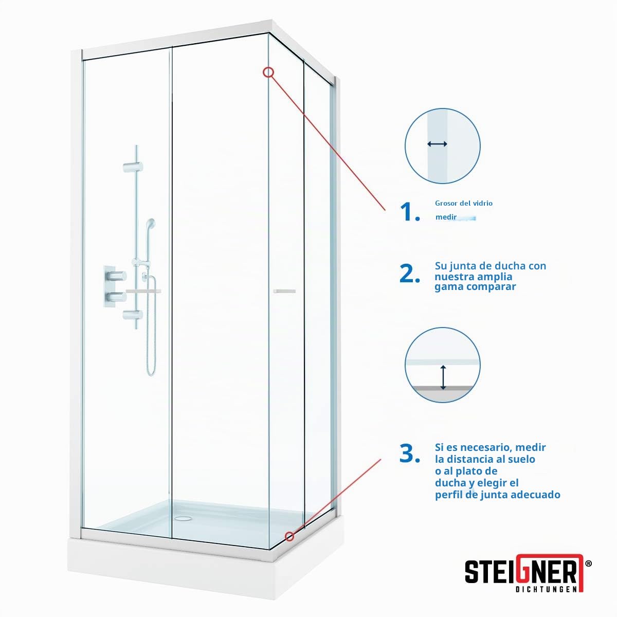 STEIGNER Junta de Ducha, Junta de Sellado, 70 cm, Espesor del Vidrio 5/6/7 mm, Junta Recta PVC, UK21