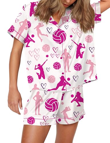 SHESHOW Pajamas for Women Set Satin Button Down Short Sleeve Top and Shorts Pjs Sets Sport Ball Print Sleepwear XS-XXL