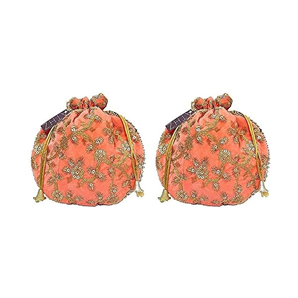 ATHZ Velvet Potli bag (Pack of 2 Potli) Peach Velvet Matka Designer Potli handbags for Women wedding party and Return gift potli for party accessories .Outer Golden Embroidered Design