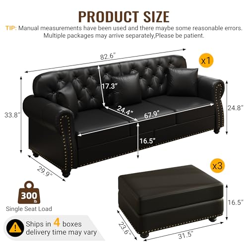 Image of KEIKI 83 inch Faux Leather Chesterfield Sofa with Rolled Arms & Nailhead Trim & 3 Ottoman, 3-Seater Button Tufted Couch with High Resilience Cushion & 3 Pillow, Easy Assembly, for Living Room, Black