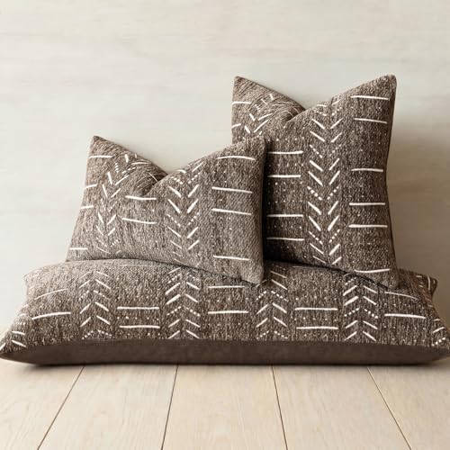 Image of Foindtower Set of 2 Decorative Chenille Jacquard Throw Pillow Covers Textured Farmhouse Vintage Cushion Cover Modern Coastal Boho Home Decor For Sofa Chair Couch Bed Living Room,18x18 Inch,Cocoa Brown