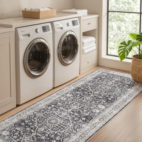 Runner Rug Kitchen Washable Rugs: 3x10 Non-Slip Boho Vintage Distressed Stain Resistant Indoor Floor Moody Oriental Throw Carpet for Hallway Bathroom Laundry Room Entryway Bedroom- Black