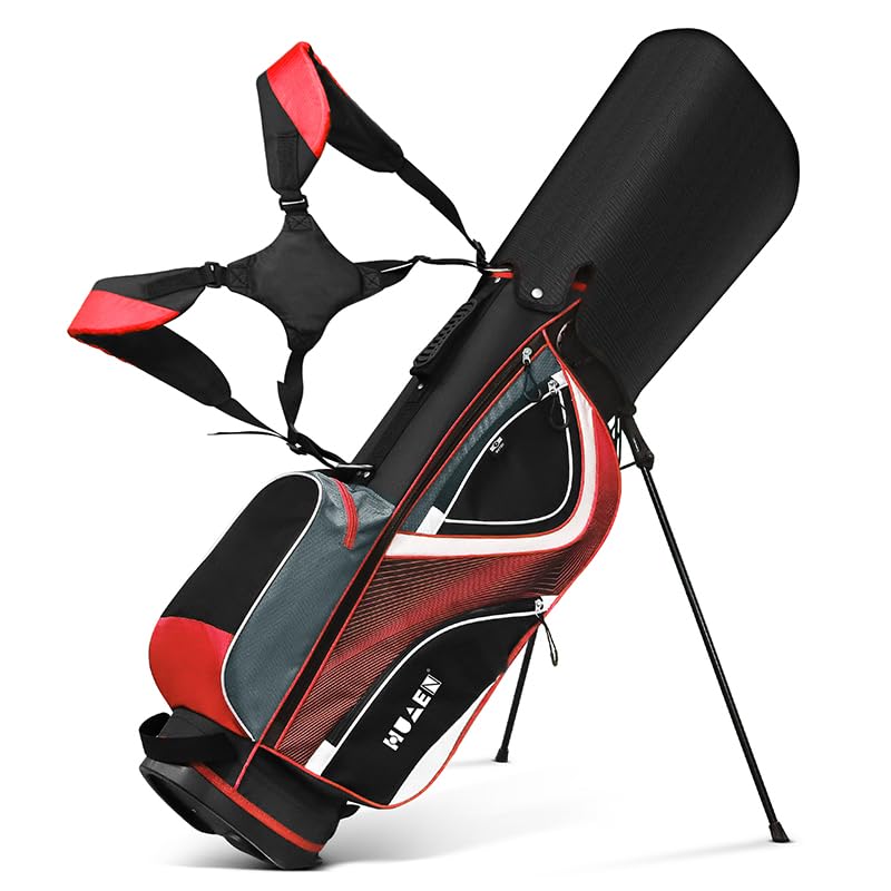 HUAEN Bolsa para suporte de golfe – Divisória de 14 vias, 5 bolsos para tacos de golfe, alças ergonômicas, material de nylon impermeável, ideal para todos os golfistas (vermelho)