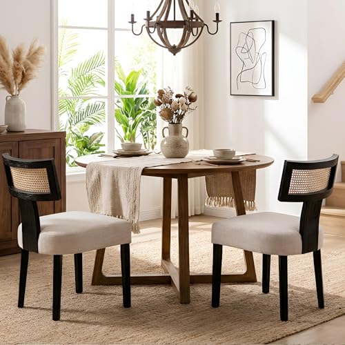 Image of HNY Mid Century Modern Rattan Dining Chairs Set of 2, Farmhouse Linen Upholstered Accent Chair Curved Backrest Kitchen Chairs, with Black Hardwood Frame, Beige