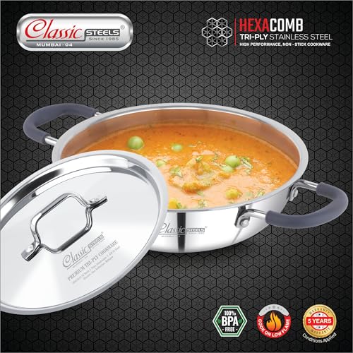Image of Classic Steels Hexa Comb Triply Kadai with Steel Lid - 1 LTR (18cm) | Stainless Steel Non-Stick Kadhai for Cooking | Gas & Induction Compatible | 2.5mm Thickness | Durable Stay Cool Silicon Handle