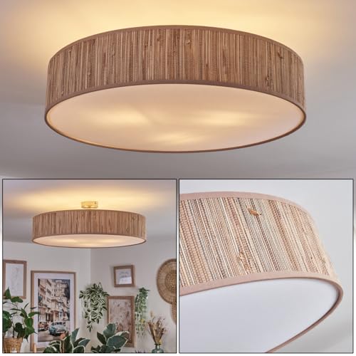 HOFSTEIN Deckenleuchte Foggia, Deckenlampe aus Metall/Binsenstroh/Kunststoff in Nickel-matt/Natur/Weiß, runde Leuchte im modernen Design (Ø 60 cm), E27, Esszimmer, Wohnzimmer, Schlafzimmer, Küche