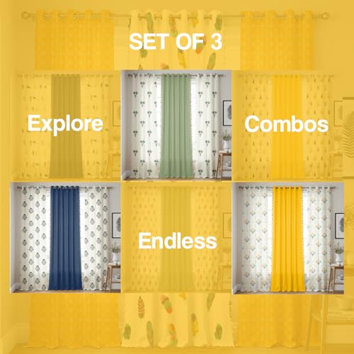 Image of Urban Space 100% Cotton Curtains for Window, Combo Set of 3 Curtains 5 feet Long, 60-65% Room Darkening Curtain, Tieback & Eyelets Included with Curtains for Home decor (Yellow Star, 5 Feet)
