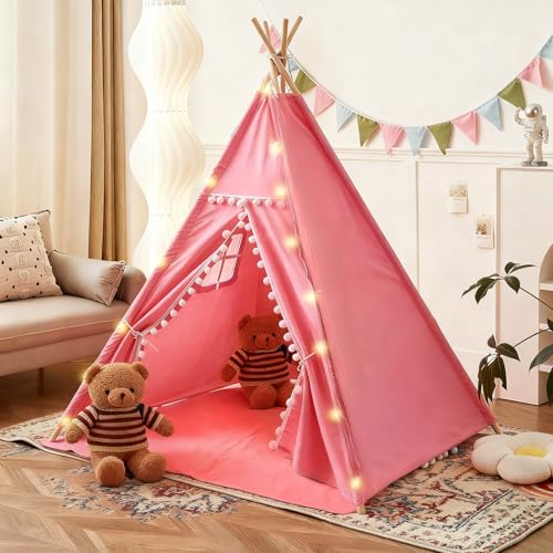 120x140cm Tipi Zelt für Kinder Indoor Set mit Bodenmatte Kinderzelt Lichterkette Holz Tasche, Waschbar Kinderzelt für Drinnen, Tipi Zelt Kinderzimmer für Mädchen & Jungen