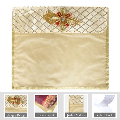 Image of Kuber Industries satin Saree Cover|Clothes Storage Bag|Single Packing Saree with Velcro|Wardrobe Organizer|Cloth Stoarge Organizer|Check Jama Brooch-Design|Pack of 6|Golden