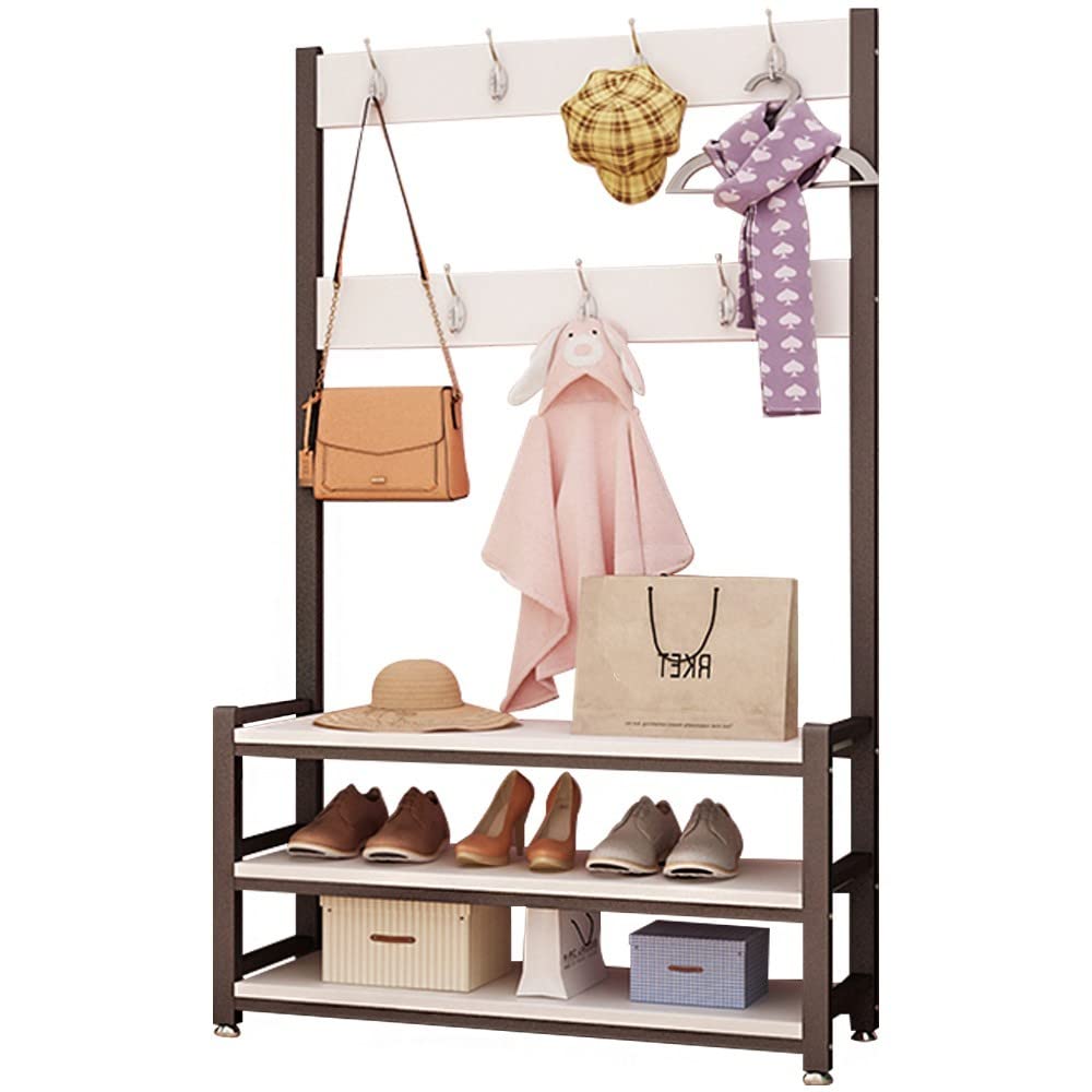 Heavy Clothes Rails Metal Foldable Coat Rack Stand Freestanding Garment Rack with Shoe Storage Bench and Hooks B